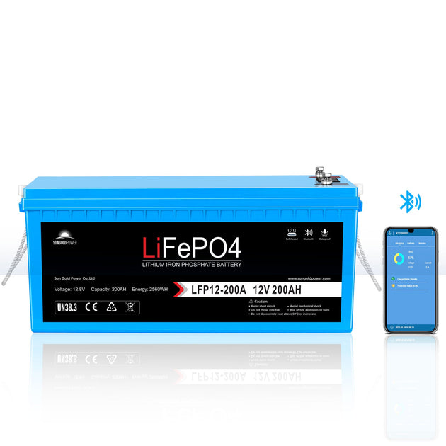 SunGoldPower 12V 100Ah LiFePO4 Battery Bluetooth Self Heating IP65