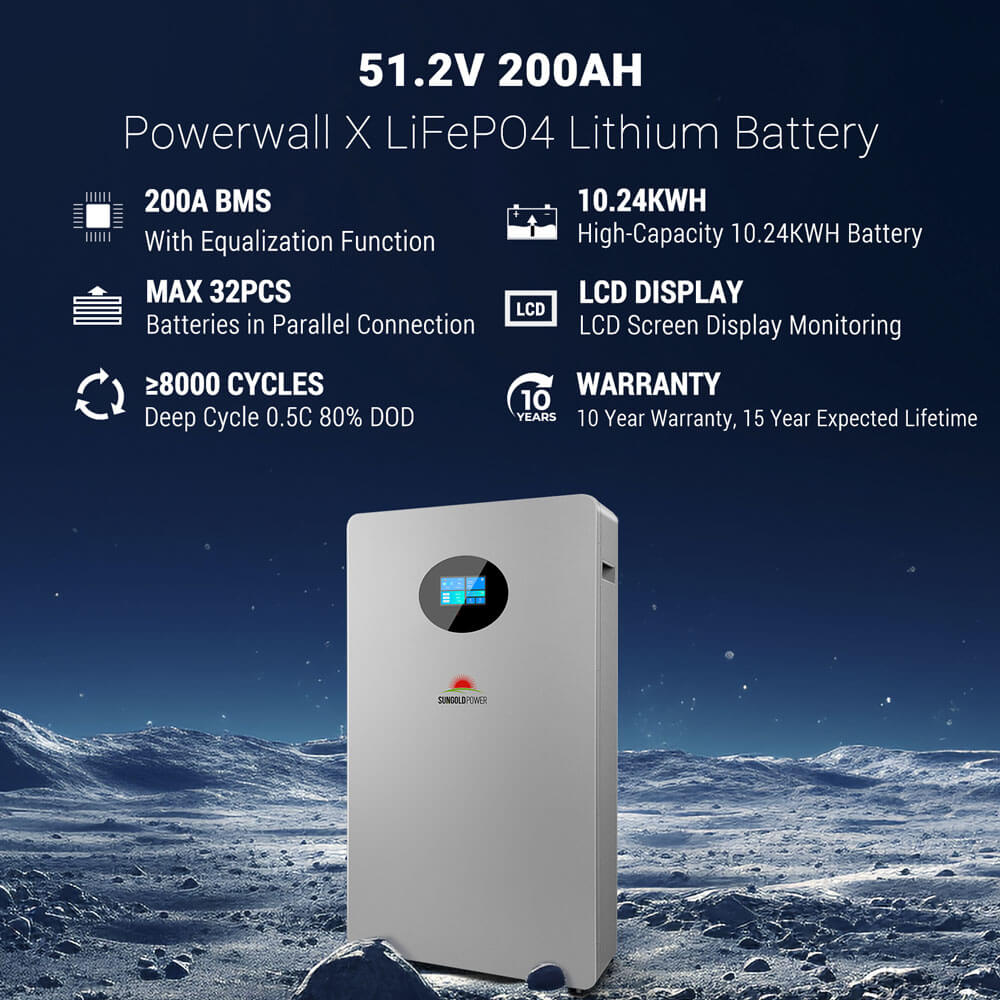 SunGoldPower 10kWh Lithium Battery Powerwall 51.2V 200AH