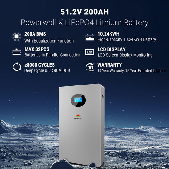 SunGoldPower 10kWh Lithium Battery Powerwall 51.2V 200AH