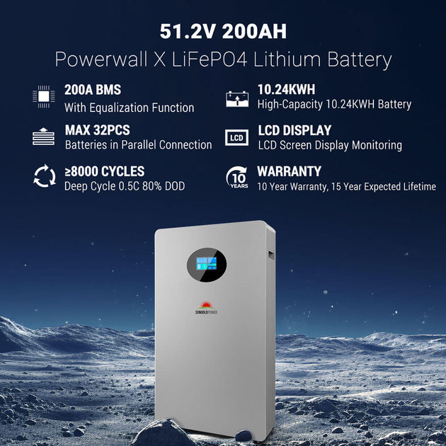 SunGoldPower 10kWh Lithium Battery Powerwall 51.2V 200AH