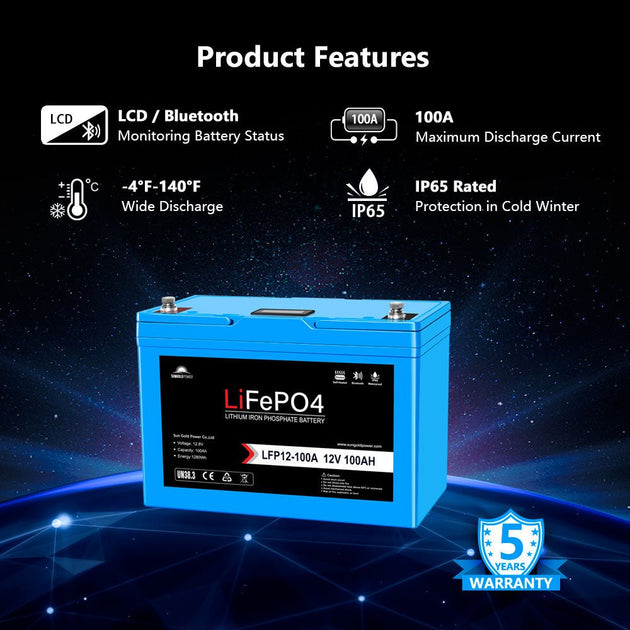 SunGoldPower 12V 200AH LiFePO4 Battery Bluetooth Self Heating IP65