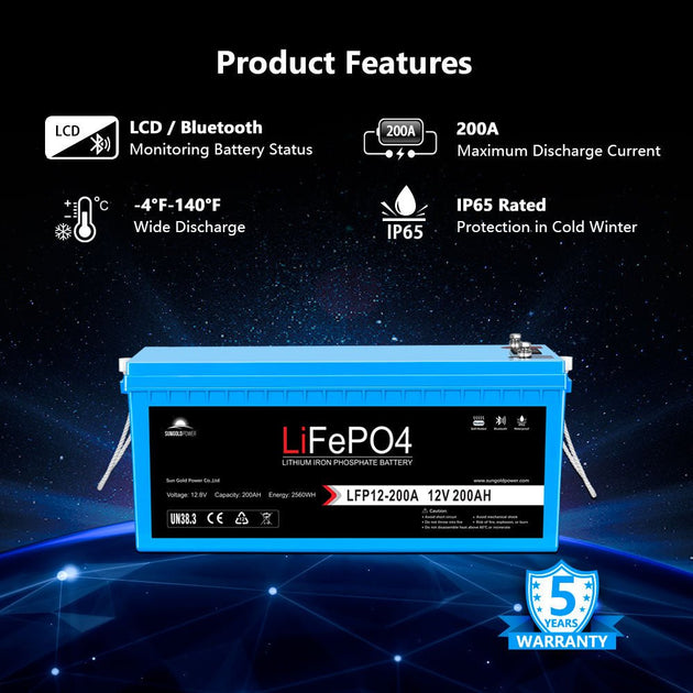 SunGoldPower 200Ah LiFePo4 Battery Bluetooth Self Heating IP65