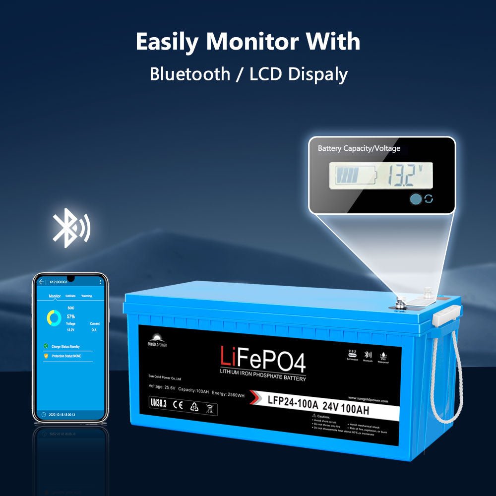 SunGoldPower 24V 100Ah LiFePO4 Battery With Bluetooth Self Heating IP65
