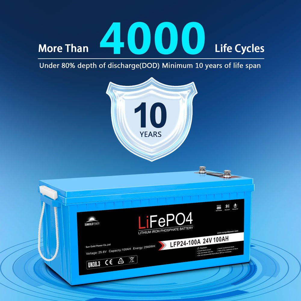 SunGoldPower 24V 100Ah LiFePO4 Battery With Bluetooth Self Heating IP65