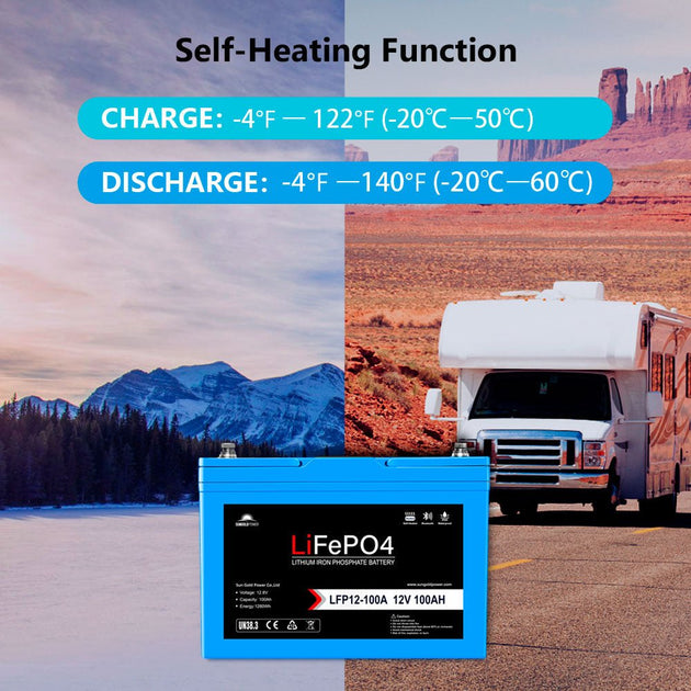 SunGoldPower 12V 100Ah LiFePO4 Battery Bluetooth Self Heating IP65
