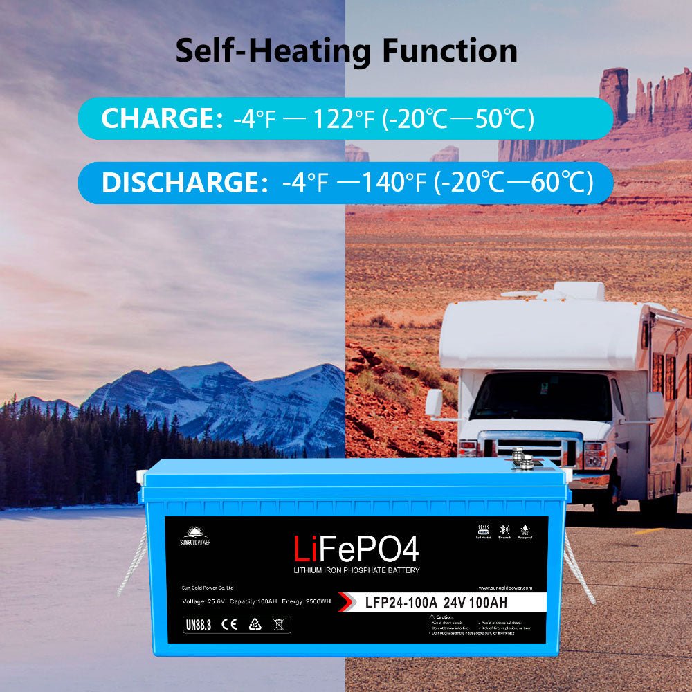SunGoldPower 24V 100Ah LiFePO4 Battery With Bluetooth Self Heating IP65