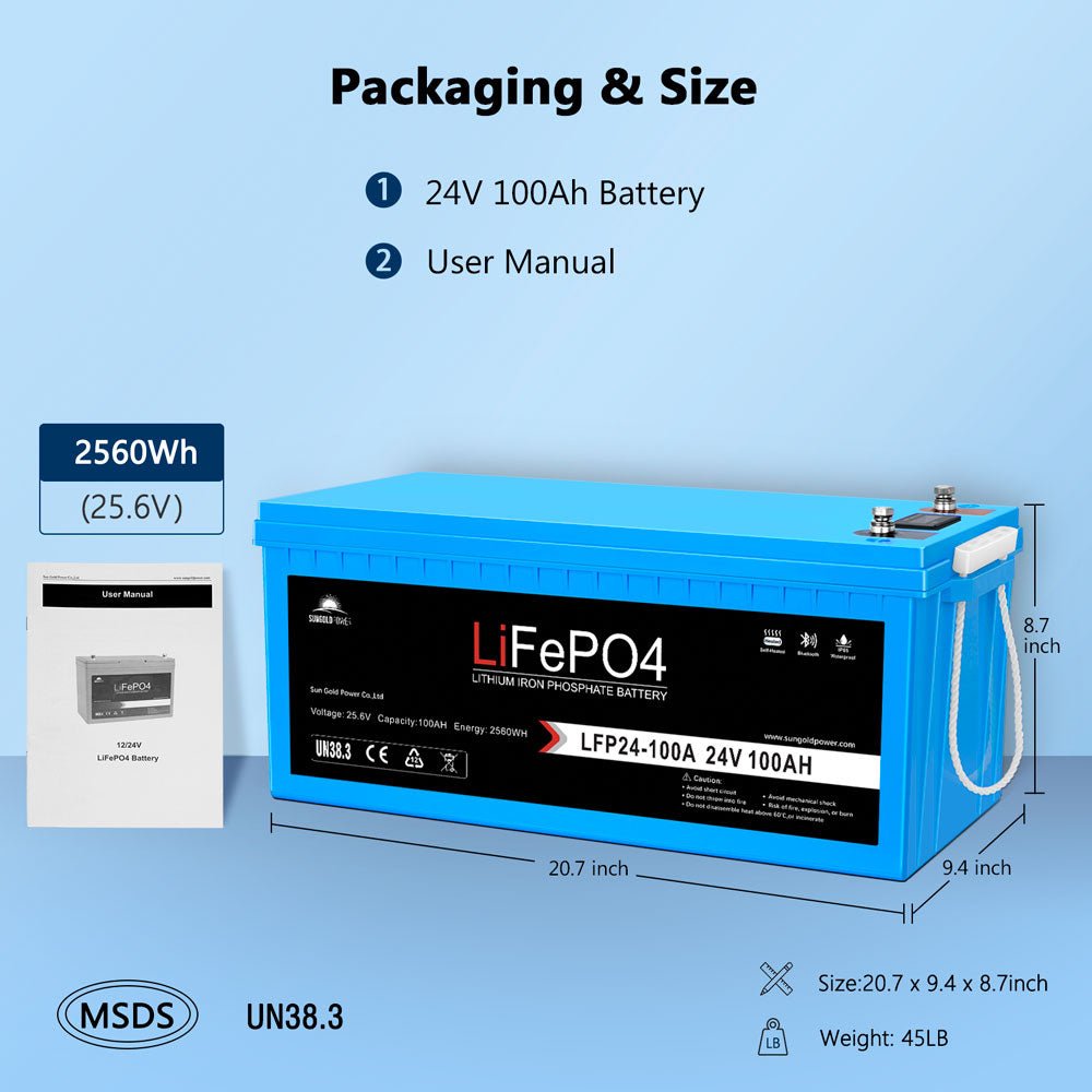 SunGoldPower 24V 100Ah LiFePO4 Battery With Bluetooth Self Heating IP65