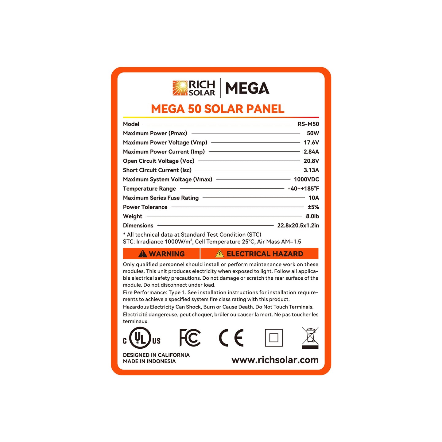 Rich Solar MEGA 50 Watt 12V Solar Panel Compact Off Grid Power UL Certified