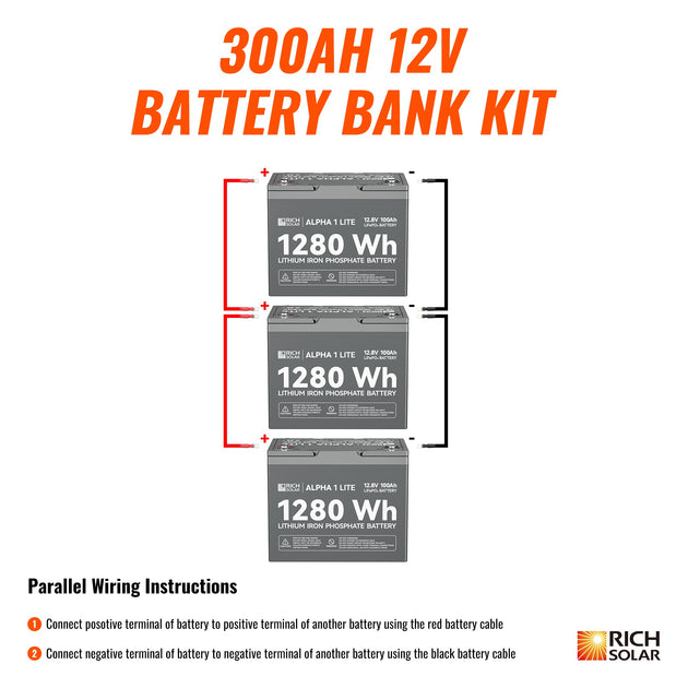 Rich Solar 300Ah 12V LiFePO4 Deep Cycle Battery Kit 3.8kWh Power