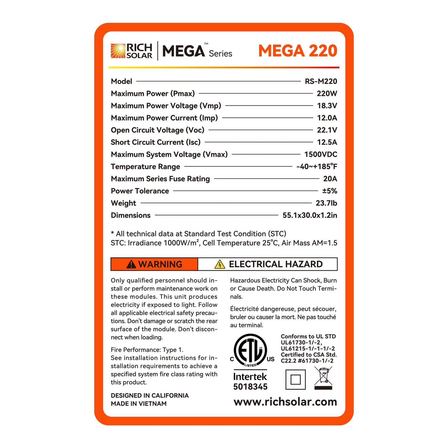 Rich Solar 220W Premium 12V Solar Panel UL Certified 25 Year Warranty