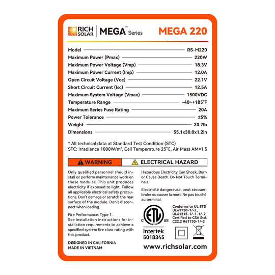 Rich Solar 220W Premium 12V Solar Panel UL Certified 25 Year Warranty