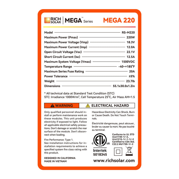 Rich Solar 220W Premium 12V Solar Panel UL Certified 25 Year Warranty