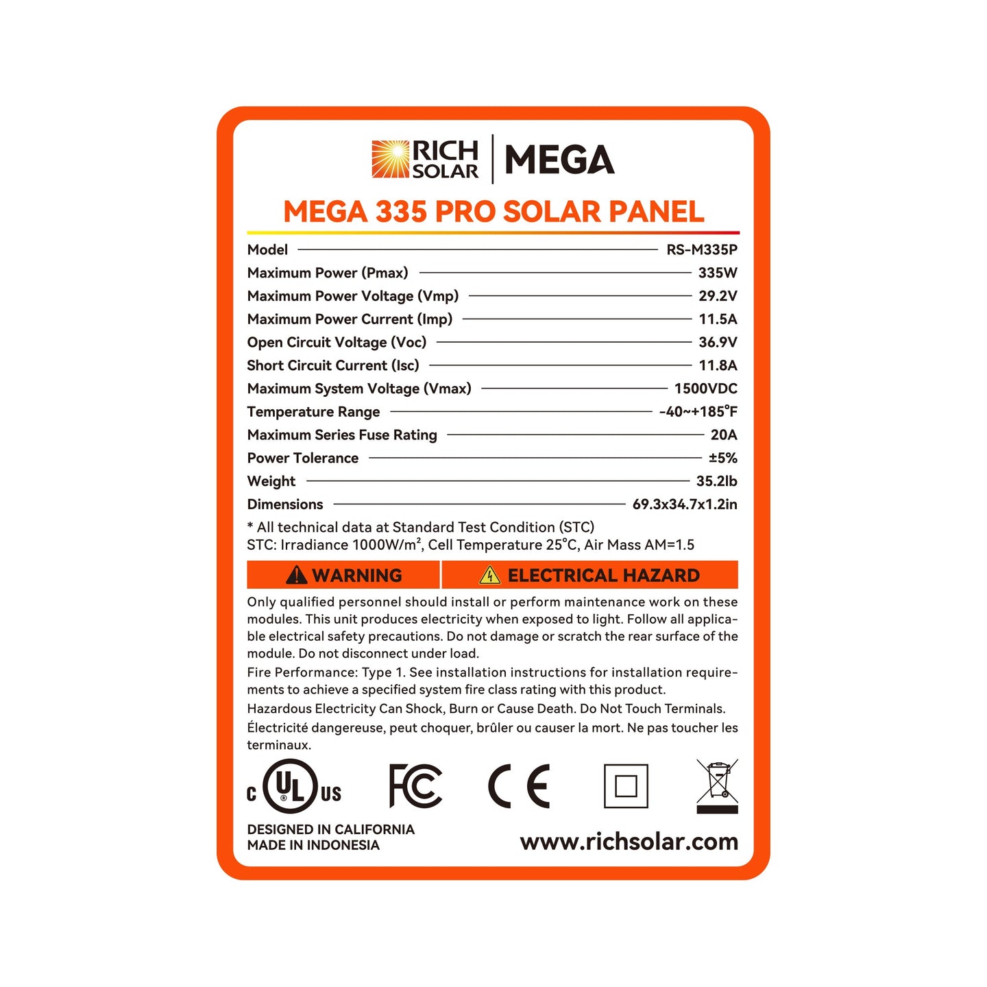 Rich Solar 335W Premium Solar Panel 25 Year Warranty UL Certified