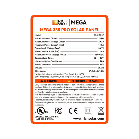 Rich Solar 335W Premium Solar Panel 25 Year Warranty UL Certified