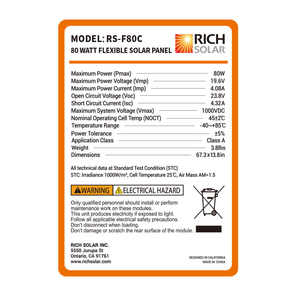 Rich Solar MEGA 80 FLEX 80 Watt CIGS Flexible Solar Panel For RVs Vans Boats