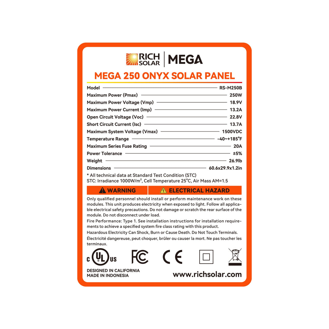 Rich Solar 250 Watt MEGA Solar Panel 12V Off Grid UL Certified