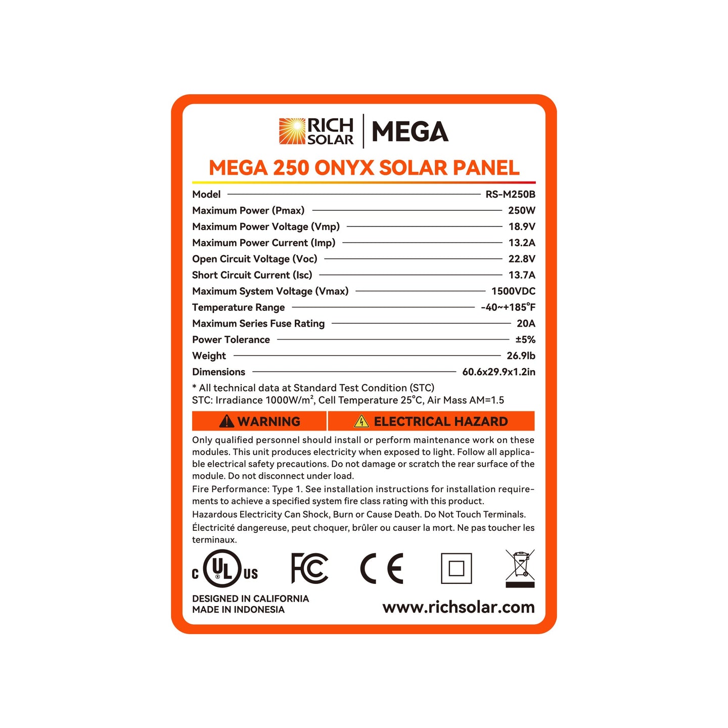 Rich Solar 250 Watt MEGA Solar Panel 12V Off Grid UL Certified