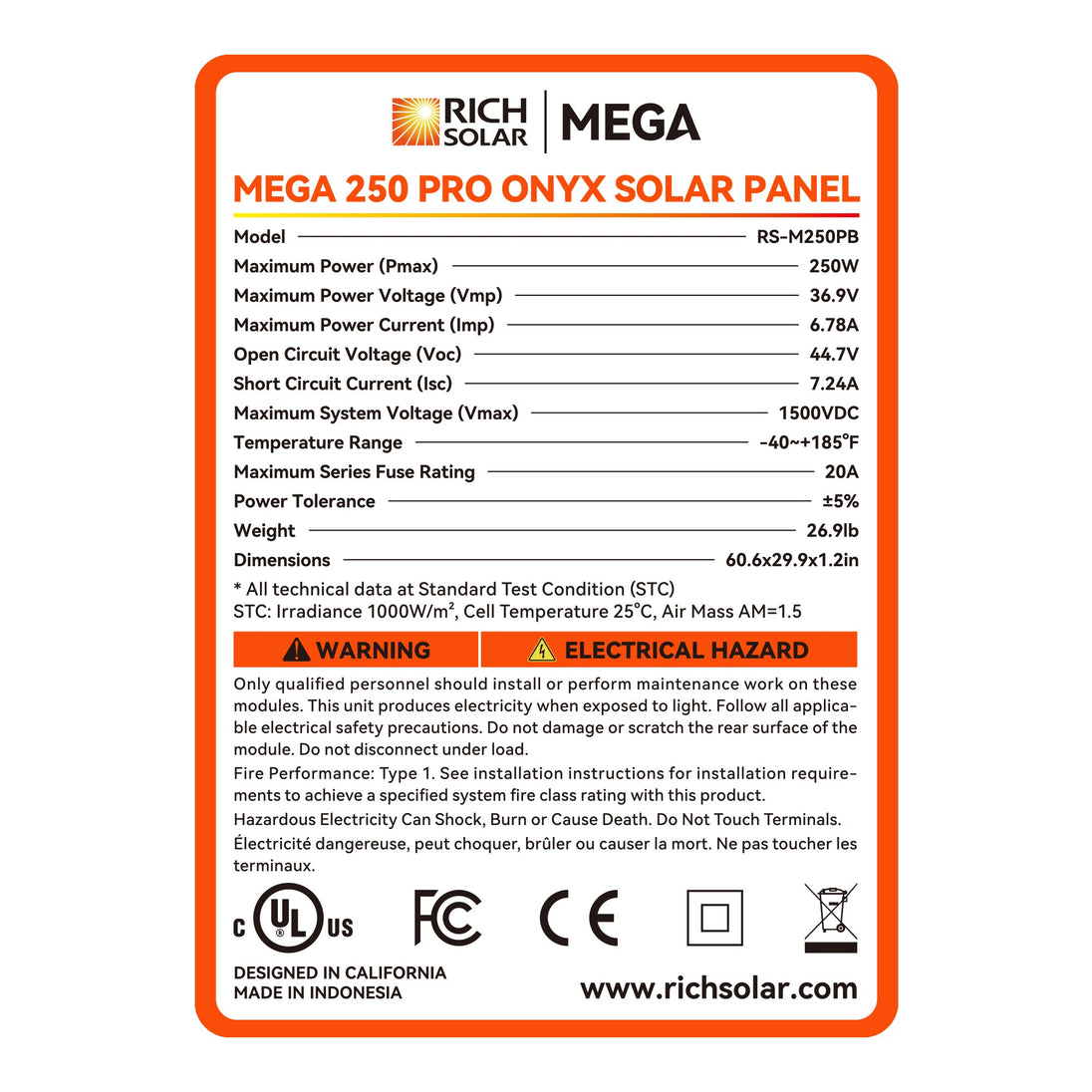 Rich Solar 250W 24V MEGA PRO Solar Panel UL Certified 25 Year Warranty