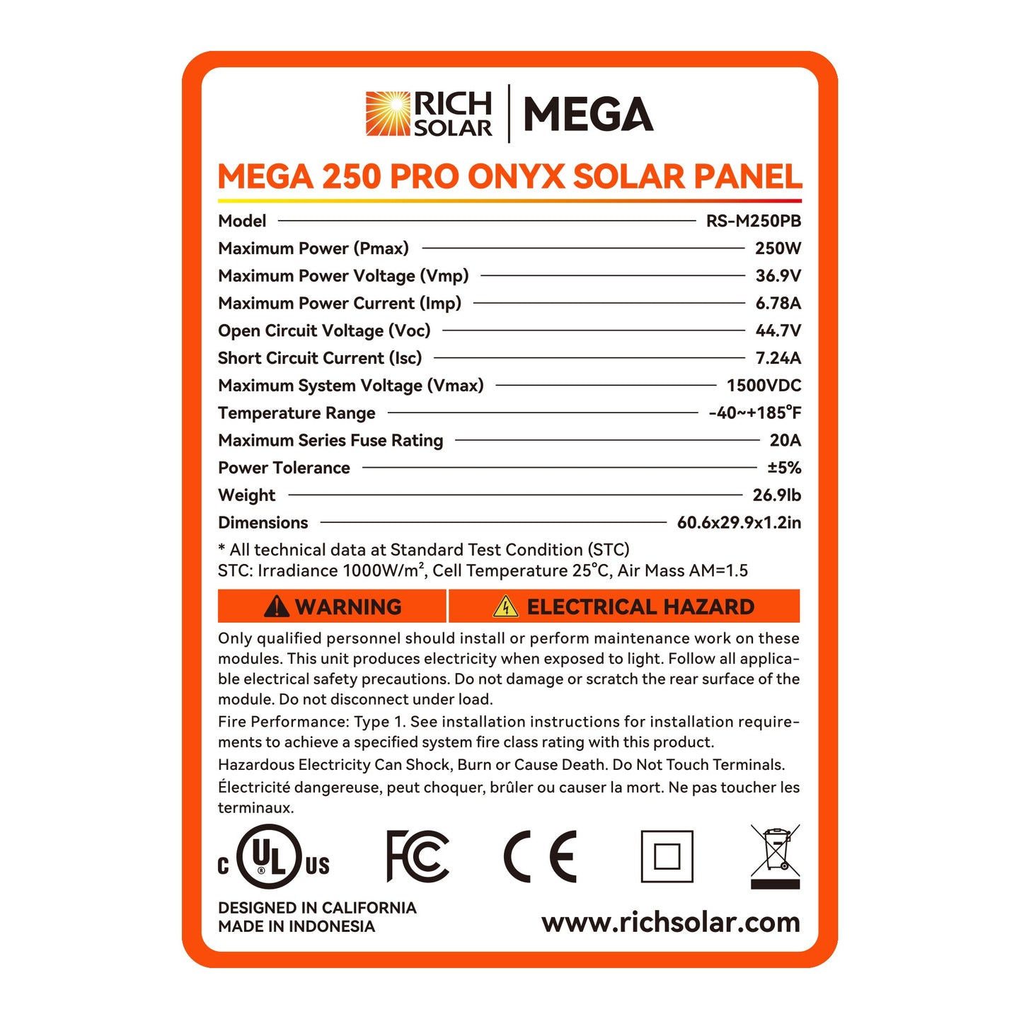 Rich Solar 250W 24V MEGA PRO Solar Panel UL Certified 25 Year Warranty