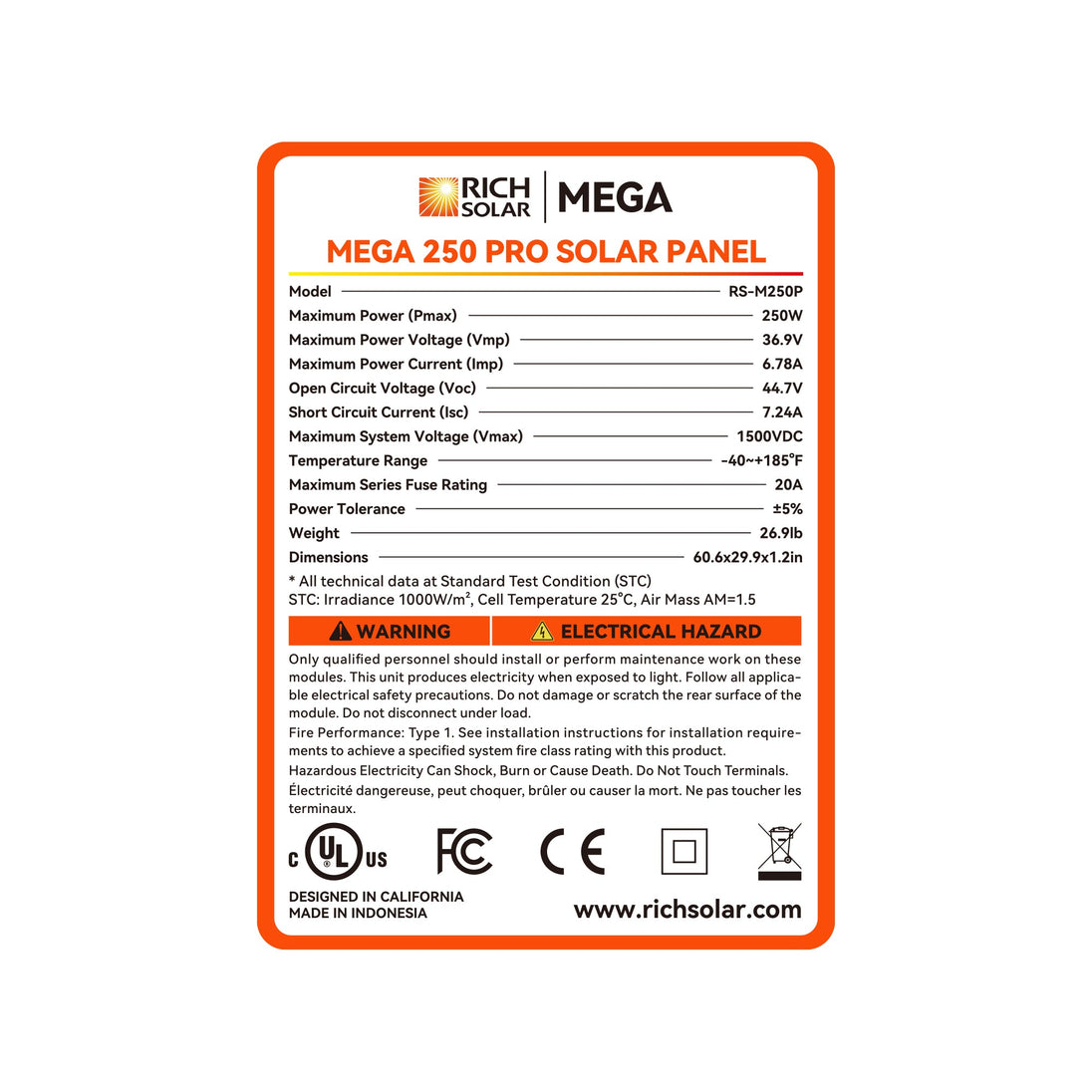 Rich Solar 250W 24V MEGA PRO Solar Panel UL Certified 25 Year Warranty