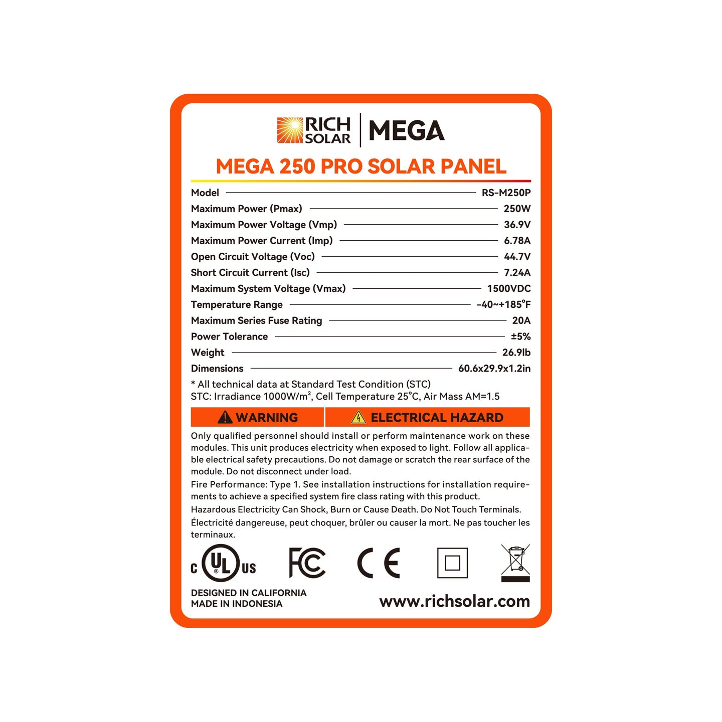 Rich Solar 250W 24V MEGA PRO Solar Panel UL Certified 25 Year Warranty