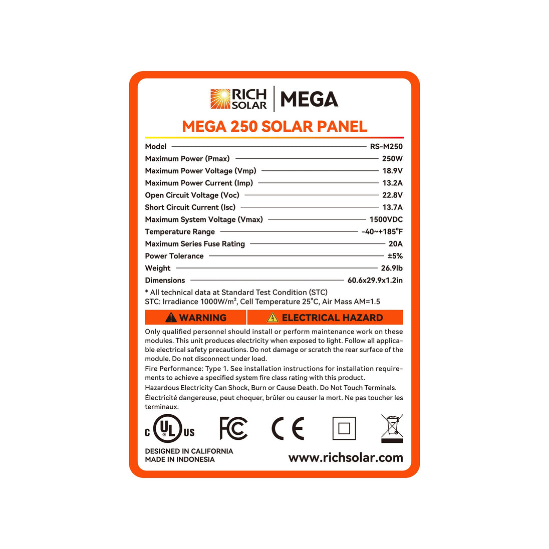 Rich Solar 250 Watt MEGA Solar Panel 12V Off Grid UL Certified