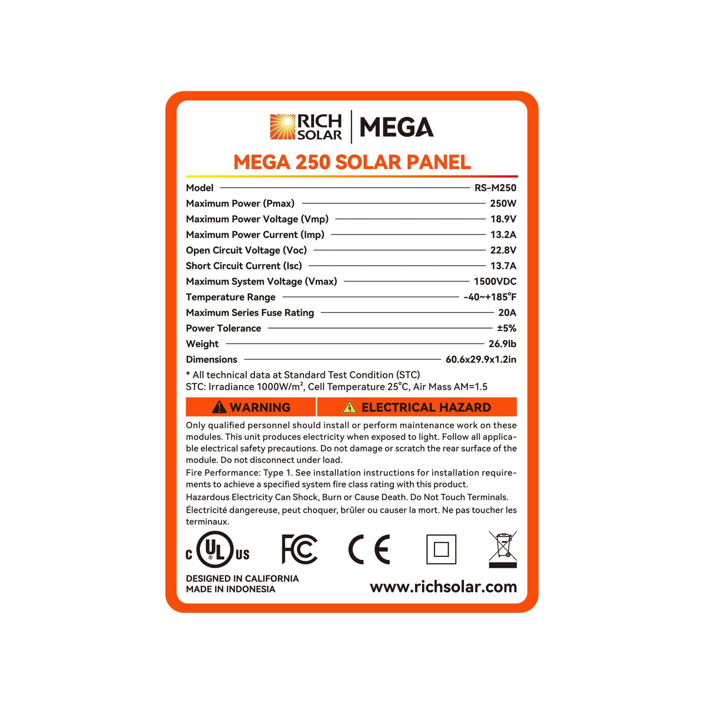 Rich Solar 250 Watt MEGA Solar Panel 12V Off Grid UL Certified
