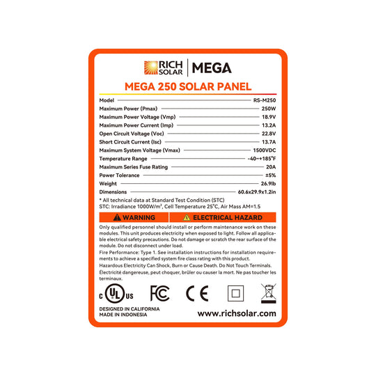 Rich Solar 250 Watt MEGA Solar Panel 12V Off Grid UL Certified