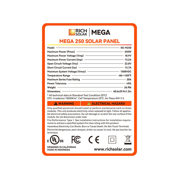 Rich Solar 250 Watt MEGA Solar Panel 12V Off Grid UL Certified
